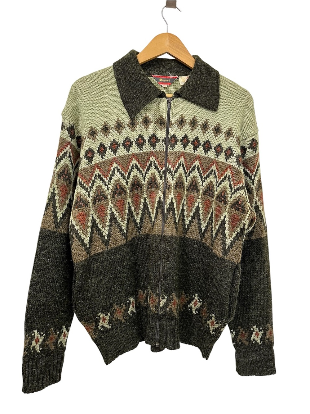 Vintage Baymart Zip-Front Fair Isle Sweater - Green Brown